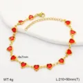 Detail view of gold-plated stainless steel anklet with red heart stones and dimensions - Red