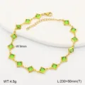 Detailed view of gold stainless steel anklet with green glass rhombuses and dimensions - 21.5cm / Light Green