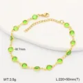 Detail of gold stainless steel anklet with circular green glass inserts and lobster clasp - 21.5cm / Light Green