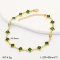 Detailed view of elegant gold anklet with green glass gems including size labels - 21.5cm / Dark Green