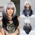 Long 24-inch layered grey to black gradient synthetic wig with fringe for women - 59cm (24 Inch) / Silver and White Gradient