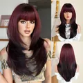 Long layered burgundy and black gradient synthetic wig with bangs, 24 inch style - 59cm (24 Inch) / Burgundy Gradient