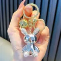 Sparkling silver mirror rabbit keychain with shiny rhinestones and a gold bell accessory - Gradient Mirror Silver