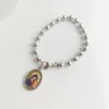 Polished stainless steel bead chain bracelet featuring a religious Virgin Mary oval charm - Virgin Mary and Child Portrait