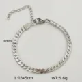 Vue détaillée d'un bracelet gourmette plat en acier de 4 mm avec mesures - Chaîne Gourmette Polie Quatre Faces / 16cm+5cm / Acier