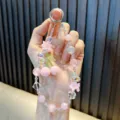 Handmade pink cherry and flower beaded phone charm with iridescent crystal beads - Including Card Packaging And Gasket / Pink