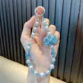 Blue rhinestone bow phone strap with pearl beads and sparkling crystal wristlet charm - 1 Piece/Pack (With Gasket) / Blue