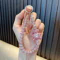 Exquisite pink rhinestone cartoon bear phone strap and luxury keychain with heart gem - Pink