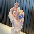 Blue rhinestone bow pearl phone wrist strap for elegant phone and key accessorizing - 1 Piece/Pack (With Gasket) / Purple