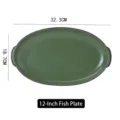 Plat à poisson ovale en céramique vert foncé 12 pouces avec double poignées - Grand Style Ovale / Série vintage / Vert Foncé