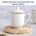 Eleganter weißer Keramik-Teebecher mit Goldrand und Deckel, 400ml Fassungsvermögen - 400ml / Goldrand Doppellinie (Blütenknospen Stil)