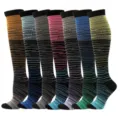 Macro view of 7 colorful gradient striped compression socks in a row - S/M / 7 Pairs Set (Loose Parts By Default) / Multicolor