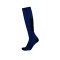 Detailed view of navy blue compression sock with black stripe and block patterns - S/M / Blue