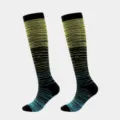 Close-up detail of gradient striped compression socks in black with neon yellow and blue - S/M / Bright Yellow And Light Blue