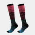 Detailed view showing the pink and blue gradient striped pattern of athletic compression socks - S/M / Rose Red And Light Blue