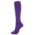 Purple knee-high compression sock with green leaf patterns on a white background - S/M / Green leaves on purple background