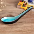 Vintage Japanese style ceramic spoon with turquoise crackle glaze on wooden background - Spoon / 2-Piece Set / Blue