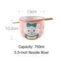 Cute cartoon cat ceramic ramen bowl 750ml with wooden chopsticks, 5.5-inch pink - Noodle Bowl With Chopsticks / Little Flower Cat