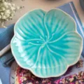 Handcrafted turquoise petal-shaped ceramic dinner plate with crackle glaze finish - Tray / 8 inch / Blue