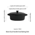 Small black oval ceramic baking dish with lid and double handles, 280ml capacity - Small Baking Bowl With Lid / Oval Case Black