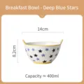 Bol en céramique à motif étoiles bleues avec deux anses et bord jaune, 400 ml capacité - Étoile Bleu Foncé / 14cm Diamètre (400ml) / Petit Bol de Petit Déjeuner - Étoile Bleu Foncé