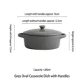 Grey ceramic oval baking bowl with lid and double handles featuring 280ml capacity and 16cm length - Small Baking Bowl With Lid / Oval Gray