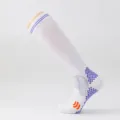 Dettaglio di calze da calcio a compressione bianche con motivi blu antiscivolo. - Bianco