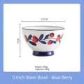 5 inch Japanese hand-painted ceramic footed bowl with blue and red berry pattern - 5 Inch High-foot Bowl / Blueberries