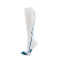 Close-up detail of white outdoor cycling compression socks with blue athletic patterns - S/M / White with Blue Stripes