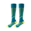 Teal and yellow high-tube compression socks with geometric arrow and stripe patterns for sports. - S/M / Green