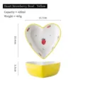 Heart-shaped yellow ceramic dessert bowl with strawberry patterns and dimensions info. - Strawberry Print (Yellow Heart Bowl) / 15.7x15.4x5.3cm (420ml) / Yellow
