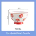 High-footed 5-inch Japanese ceramic rice bowl with hand-painted red camellia motif - 5 Inch High-foot Bowl / Camellia