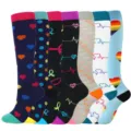 Variety of colorful patterned knee-high compression socks with hearts and polka dots. - 7 Pairs Mixed Set 1