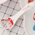 Cuillère en céramique peinte à la main pour enfants avec joli motif d'animal cartoon - Forme de Lapin / 2 Pièces/Ensemble / Rose Clair