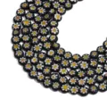 Millefiori flat round black glass beads with intricate white and yellow floral patterns - 6mm (1 String/Approx 65 Beads) / Black
