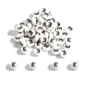 Premium round white acrylic alphabet beads featuring a bold black letter E for DIY jewelry - Letter E / 100 Pieces/Pack (4x7mm) / White Base Black Font