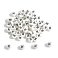 White round flat acrylic alphabet beads with black letter K for DIY jewelry making - Letter K / 100 Pieces/Pack (4x7mm) / White Base Black Font