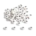 White acrylic round beads featuring a black letter P for DIY jewelry making and crafts - Letter P / 100 Pieces/Pack (4x7mm) / White Base Black Font