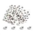 White acrylic flat round beads with black letter U for DIY jewelry making and crafts - Letter U / 100 Pieces/Pack (4x7mm) / White Base Black Font