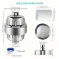Dimensiones detalladas del kit de filtro de ducha universal con cartucho y accesorios - Juego (Filtro de 15 Etapas + Cabezal de Ducha de Aluminio Espacial)