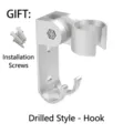 Adjustable silver metal shower head bracket with hook and mounting screws for wall drill - Space aluminum hook punch seat
