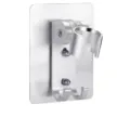 Close-up of silver adjustable punch-free shower head holder with adhesive base and hooks - Space Aluminum Hook Punch-free