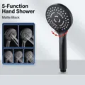 Detail of matte black 5-mode handheld shower head showing different water spray patterns - 5-Mode Matte Black Shower Head