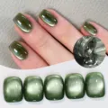 Close-up macro view showing olive green cat eye magnetic gel nail polish texture and effects - 10ML / MY41 (60944)