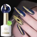 Detailed macro shot of blue and gold cat-eye magnetic gel nail polish on long nails - Blue Gold Aurora (MY231)