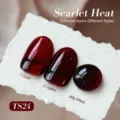 Vernis à ongles gel rouge foncé translucide TS24 Scarlet Heat montrant différentes couches - Rouge Foncé (TS24)