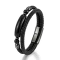 Vintage men's double-layered black braided leather bracelet with magnetic clasp and beads - All Black Style (GH1215H)