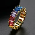 Gold eternity ring featuring rainbow baguette-cut cubic zirconia stones - Size 6 / Gold Color Rainbow