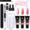 Vue détaillée du kit de gel d'extension d'ongles 3 couleurs avec pinceau double et lampe UV - Ensemble 01