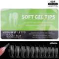 Professional clear medium stiletto soft gel nail tips 550 piece box with size chart measurements - Medium Stiletto Style / 550 Pieces/Pack